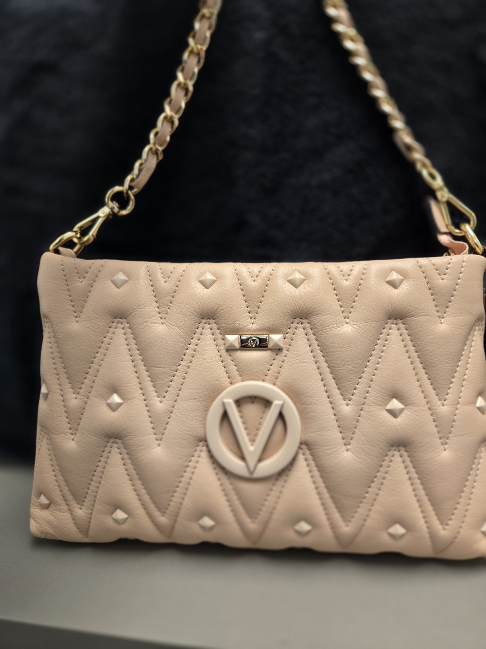 Valentino Quilted V-Logo Shoulder Bag in Cream